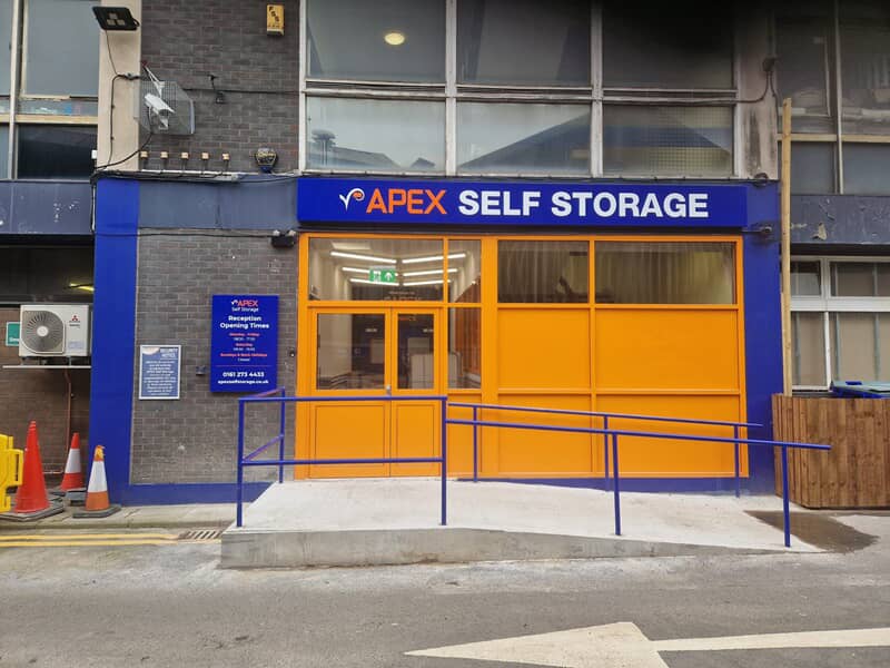 An image of the front of the exterior Apex Self Storage signage.